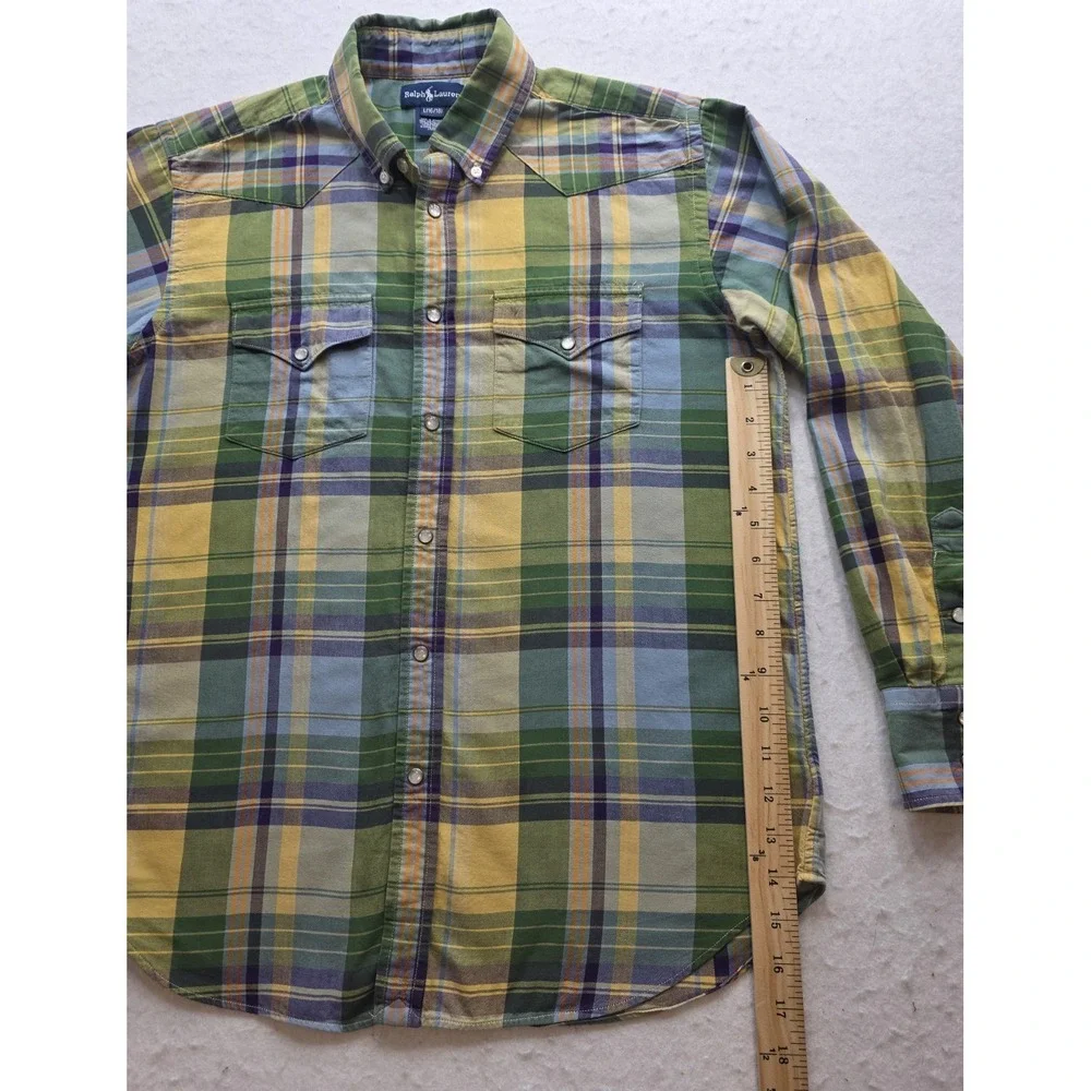 Ralph Lauren Boy's Western Pearl Snap Green Plaid Long SleeveShirt. Size L 16/18